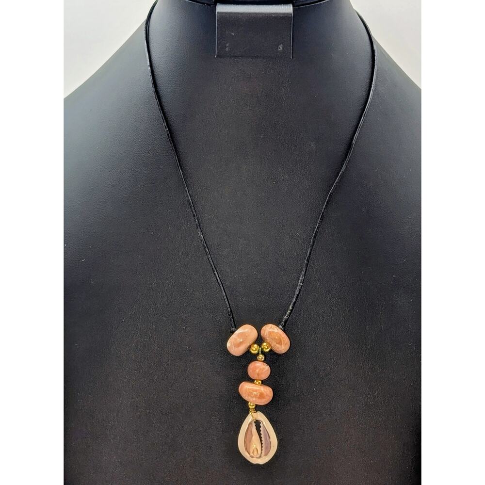 Vintage Corded Stone Bead Sea Shell 20.5" Barrel Screw Clasp Necklace